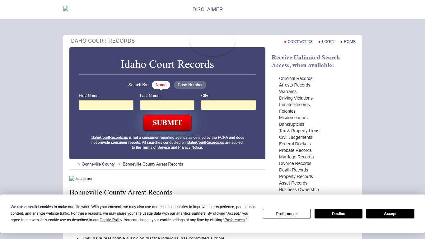 Bonneville County Arrest Records IdahoCourtRecords.us